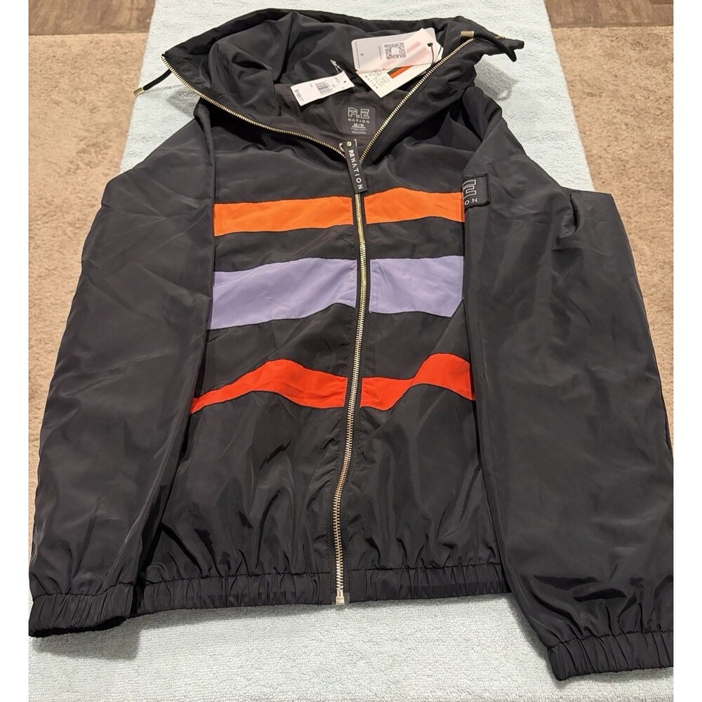 P.E Nation Womens Colorblock Hooded Windbreaker Jacket Black Orange XS NWT
